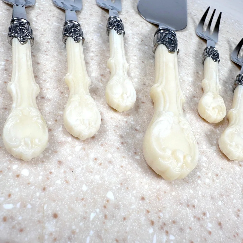 Inox 18/10 Italy Cream Faux Bone Handle Fish Serving Set 6 Forks + Server